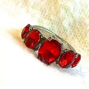 Red Crystal, ring Silvertone costume jewelry Size 6 1/2